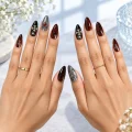 Gothic Charm Semicured Gel Nail Strips - Dark Red Cat Eye with 3D Accents 2