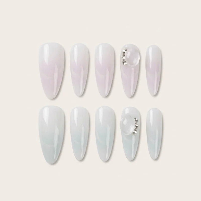Handcrafted Ombre Gel Press-On Nails with Rhinestones - Medium Almond - Main Image