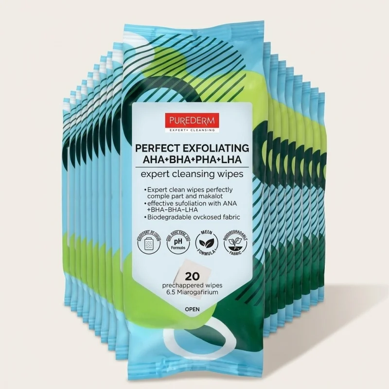 PUREDERM AHA+BHA+PHA+LHA Expert Exfoliating Cleansing Wipes, 20 Count - Main Image