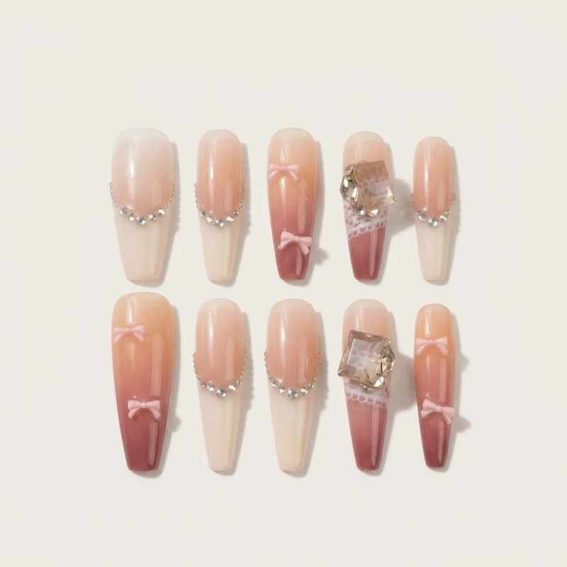 Handcrafted Semicured Gel Press-On Nails with 3D Bows and Rhinestones - Main Image