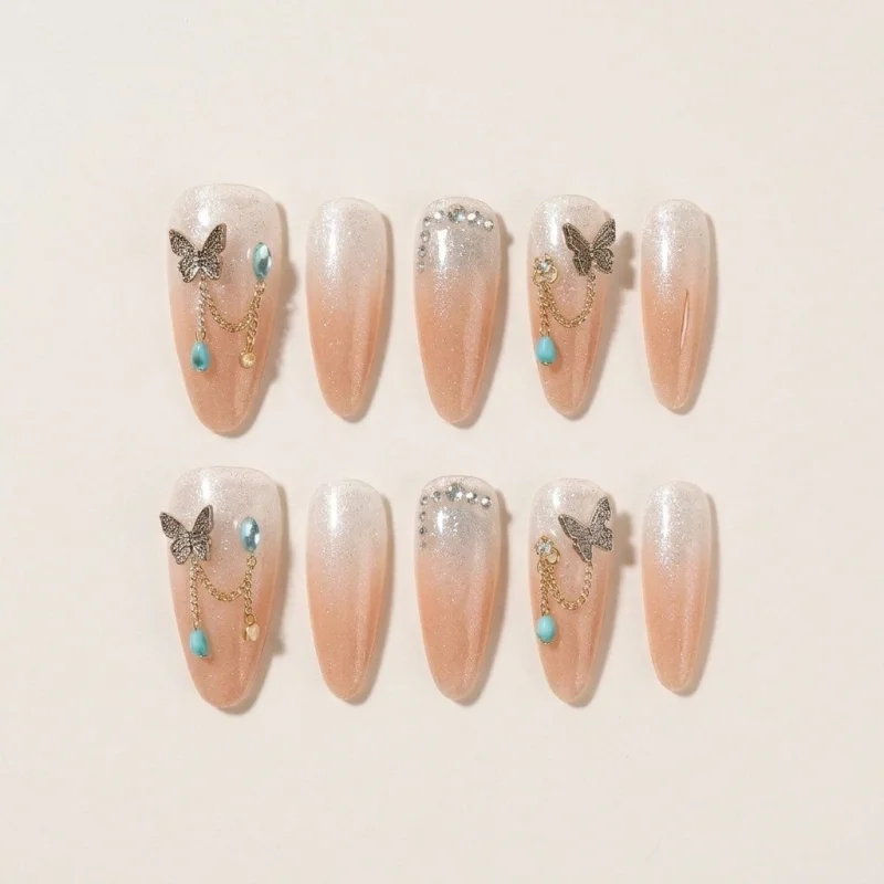 3D Butterfly Semicured Gel Nail Strips - Ombre Glitter Almond Design - Main Image