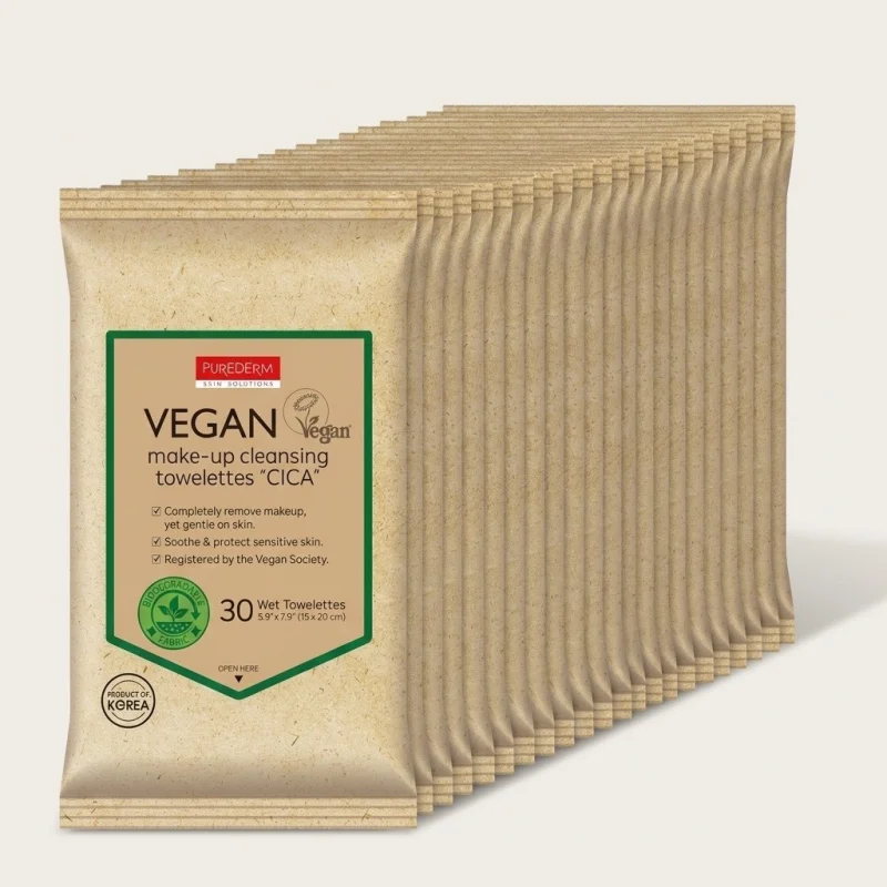 PUREDERM Vegan Cica Makeup Cleansing Towelettes, 30 Count - Gentle Soothing - Main Image