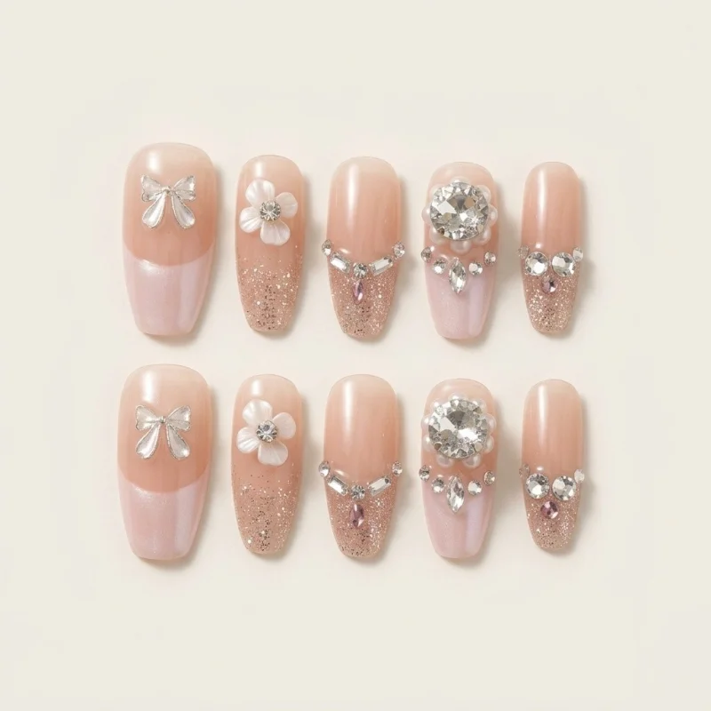 Semicured Gel Nail Strips with 3D Charms - Elegant Floral and Bow Design - Main Image