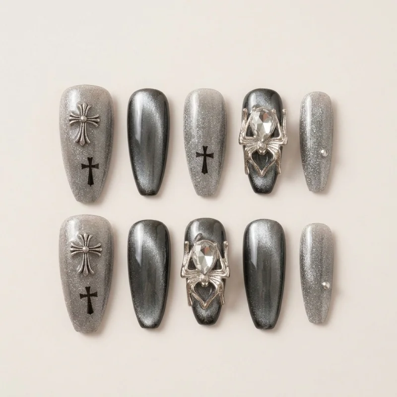 Semicured Gel Nail Strips with 3D Spider and Cross Art - Silver & Grey - Main Image
