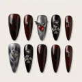 Gothic Charm Semicured Gel Nail Strips - Dark Red Cat Eye with 3D Accents 1