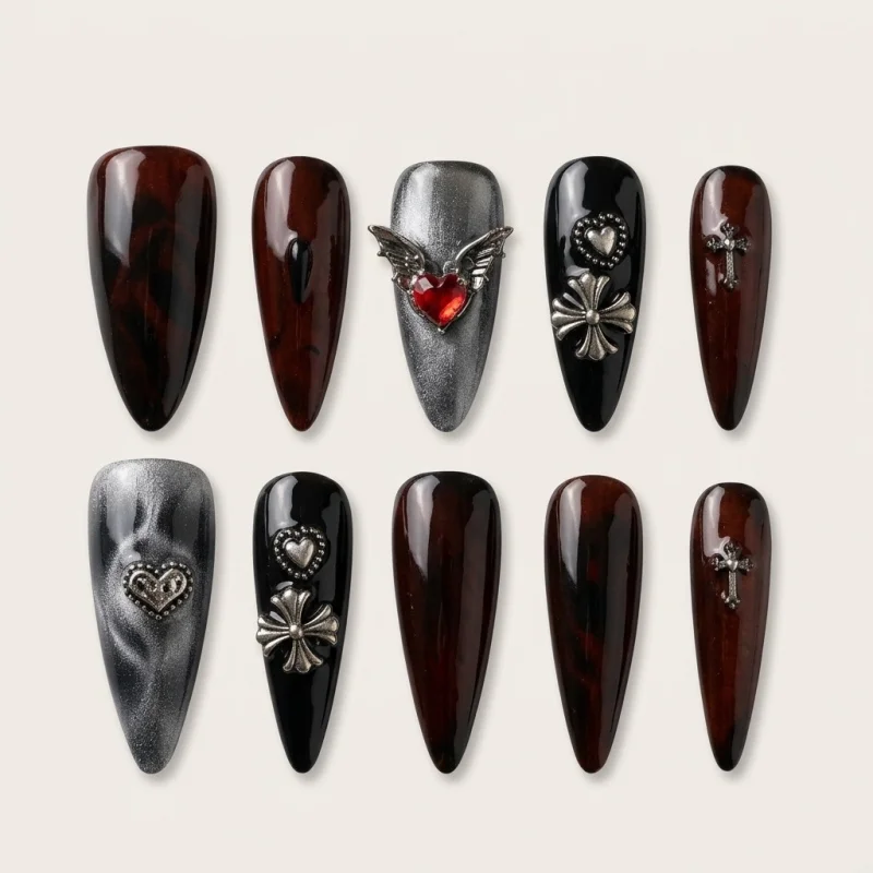 Gothic Charm Semicured Gel Nail Strips - Dark Red Cat Eye with 3D Accents - Main Image
