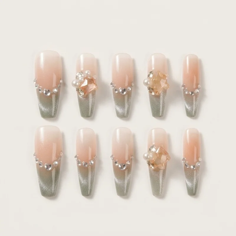 Semicured Gel Nail Strips - Cat Eye Ombre with 3D Star & Rhinestone Accents - Main Image
