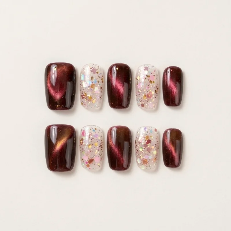 Burgundy Semicured Gel Nail Strips with Glitter Accents, Salon Finish - Main Image