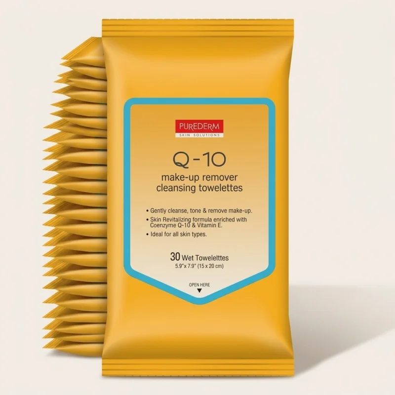 PUREDERM Q-10 Makeup Remover Cleansing Towelettes, 30 Pre-Moistened Wipes - Main Image