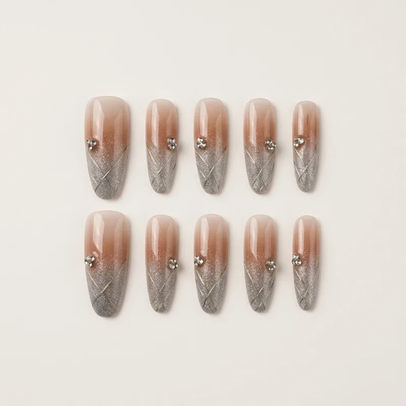 Semicured Gel Nail Strips - Nude Gradient with Silver Shimmer and Rhinestones - Main Image