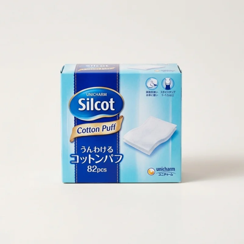 UNICHARM Silcot Cotton Puffs 82pcs - Lint-Free Soft Facial Pads - Main Image