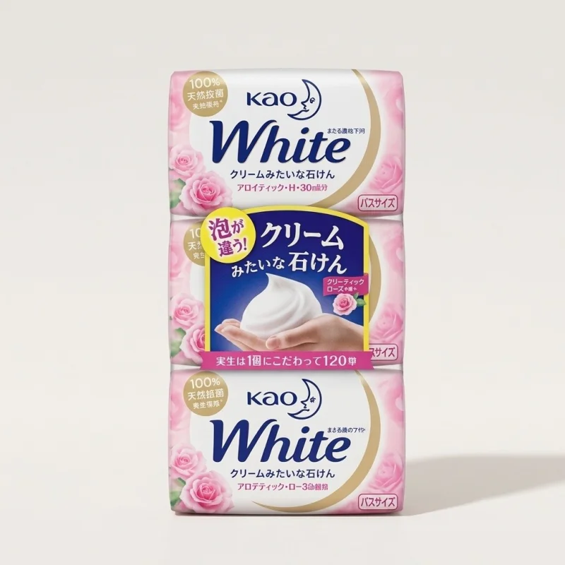 Kao White Aromatic Rose Bath Soap, Rich Creamy Lather, 130g x 3 Bars - Main Image