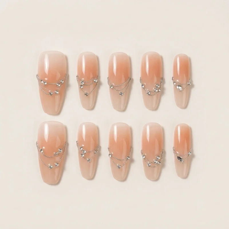 Semicured Gel Press-On Nails - Ombre Nude Design with 3D Crystal Accents - Main Image