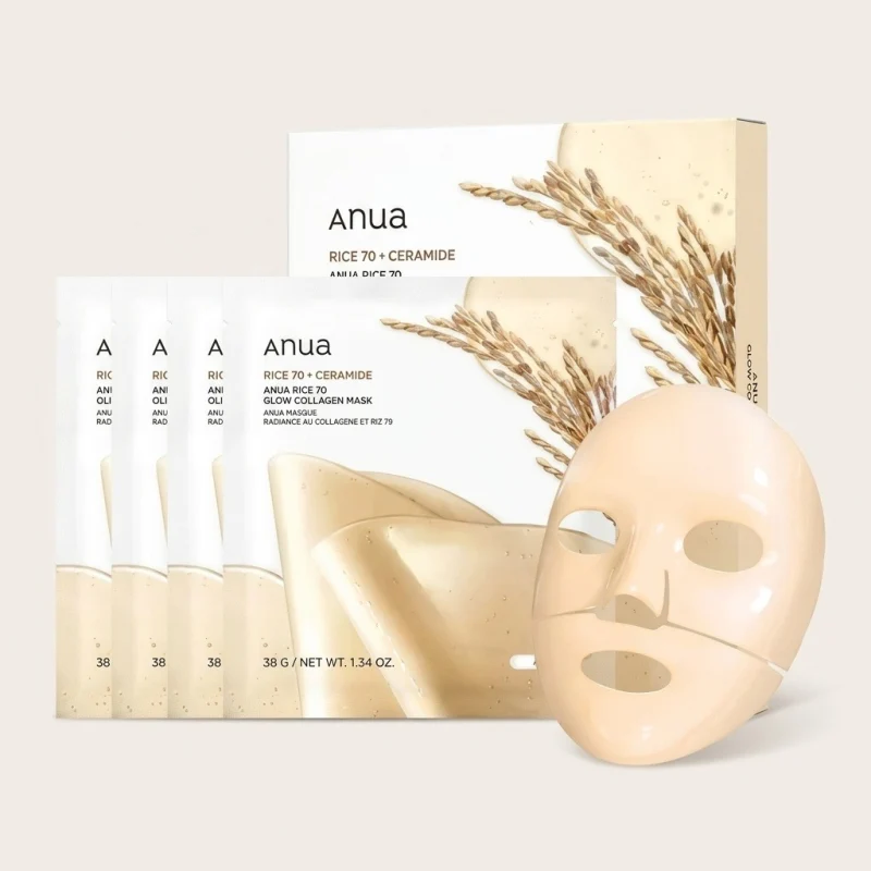 Anua Rice 70 Ceramide Glow Collagen Mask - 4 Pack Hydrating Facial Sheets - Main Image