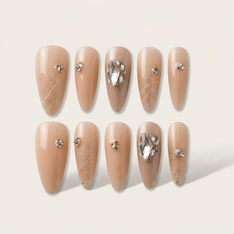 Semicured Gel Nail Strips with 3D Rhinestones - Elegant Nude Almond Shape - Main Image