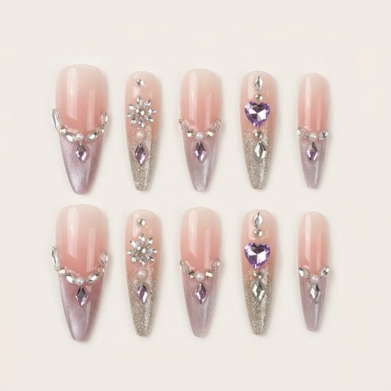 Semicured Gel Nail Strips with 3D Rhinestones - Ombre Purple Design, Size M - Main Image