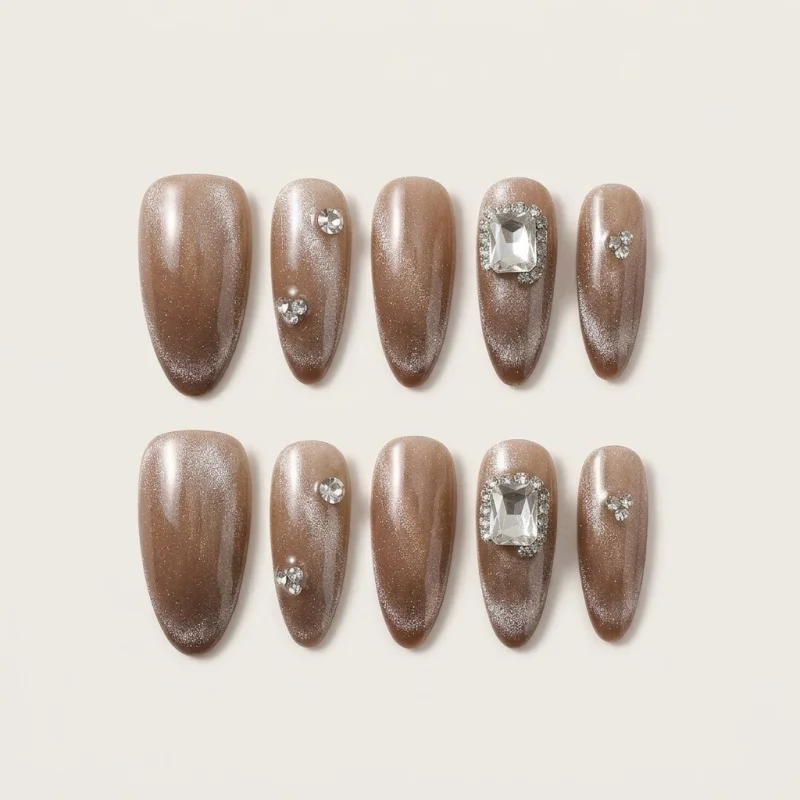 Semicured Gel Nail Strips with 3D Rhinestones and Cat-Eye Shimmer - Main Image