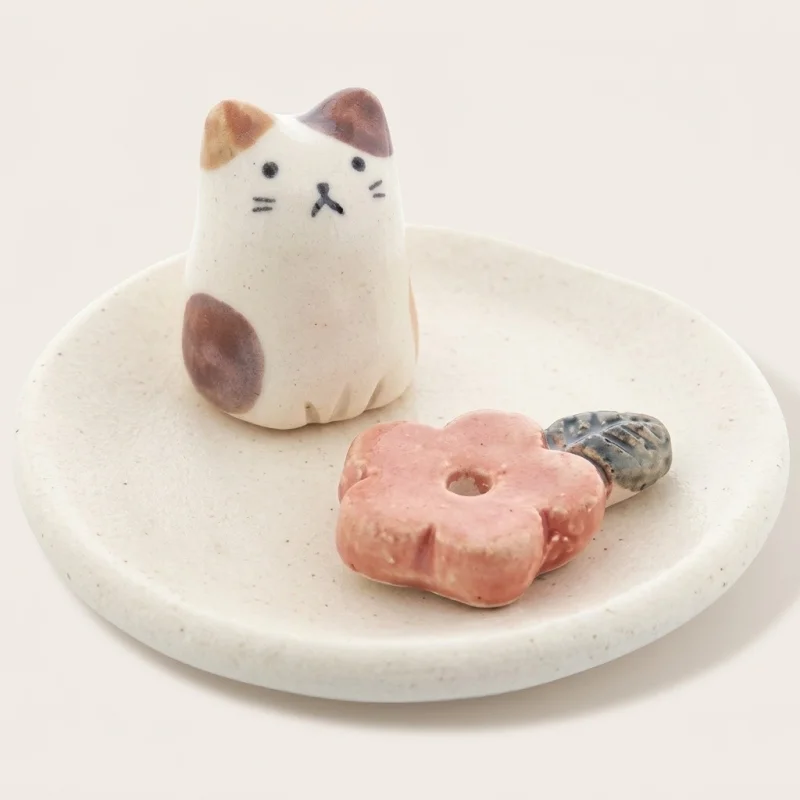 Nippon Kodo Ceramic Cat Incense Holder with Flower Stand and Tray - Main Image