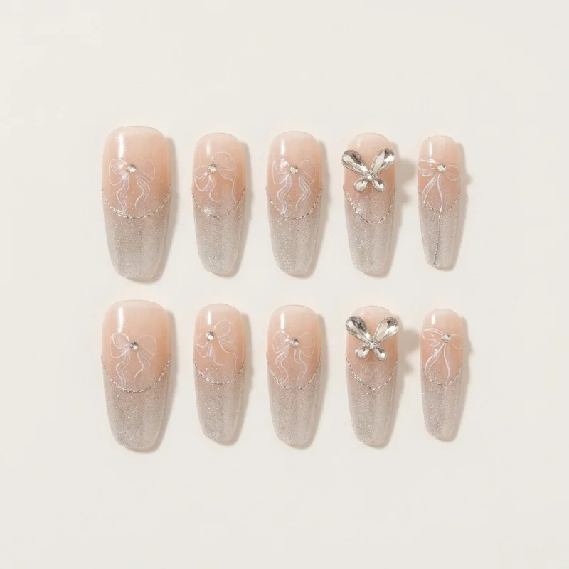 Elegant Semicured Gel Nail Strips with 3D Bows and Silver Glitter - Main Image