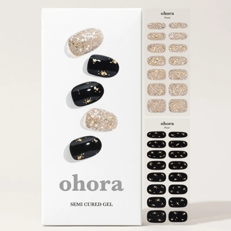ohora Semicured Gel Nail Strips - N Dazzling Night, Black and Gold Glitter - Main Image