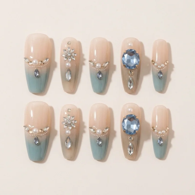 Premium 3D Crystal Press-On Nails - Blue Gradient Cat-Eye Salon Design - Main Image