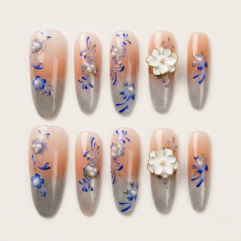 Semicured Gel Nail Strips with 3D Flower Charms & Pearl Accents - Main Image