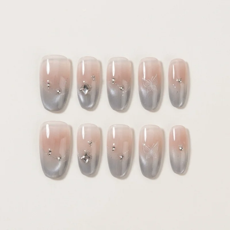 Premium Semicured Gel Nail Strips - Ombre Butterfly & Rhinestone Art - Main Image