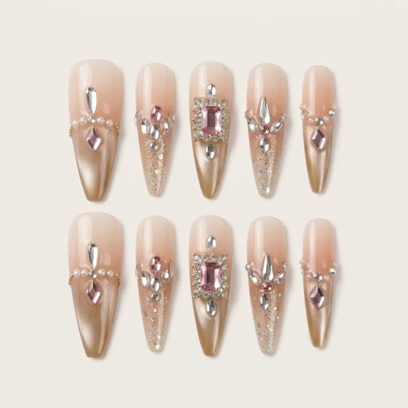 Premium Semicured Gel Nail Strips - 3D Rhinestone & Ombre Art Design - Main Image