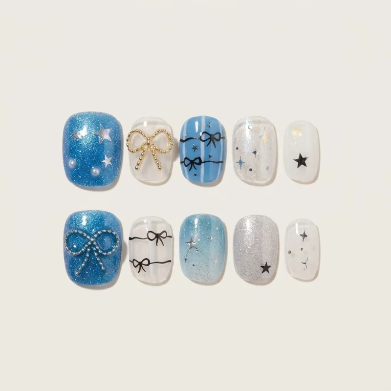 Semicured Gel Nail Strips - Blue Star & Bow Design DIY Salon-Style Manicure - Main Image