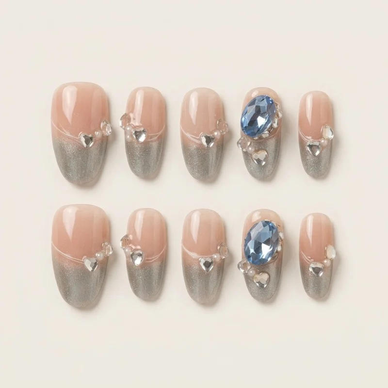 Semicured Gel Nail Strips with 3D Blue Jewels and Silver Accents - Main Image