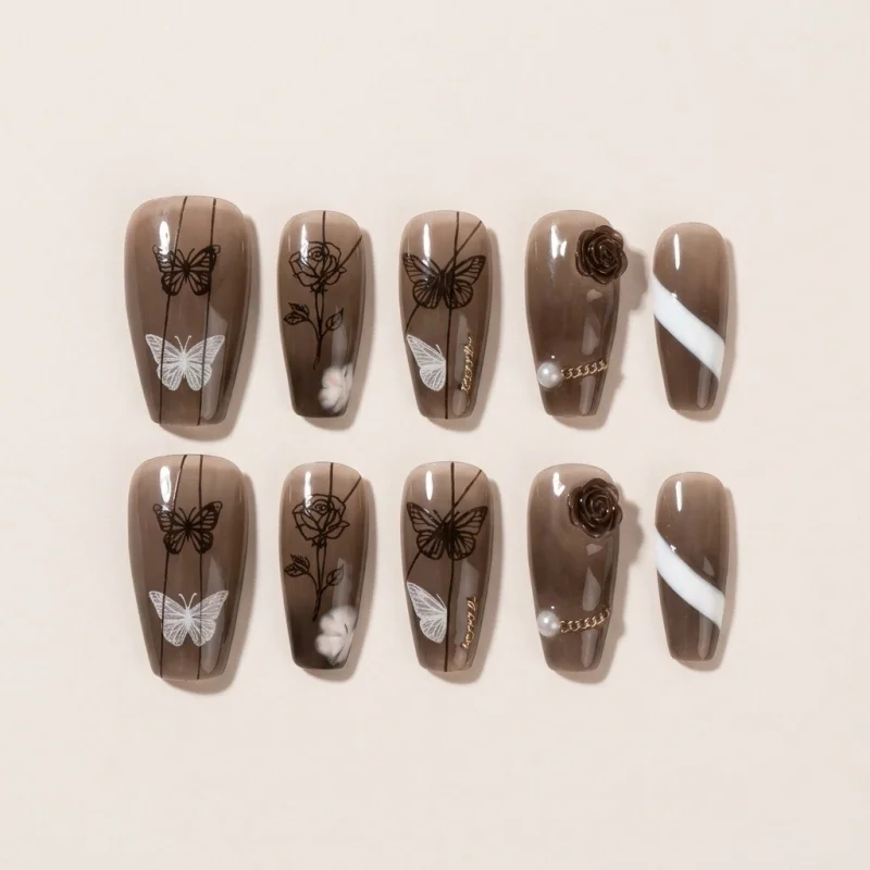 Butterfly & Rose Semicured Gel Nail Strips - Brown Matte 3D Salon Finish - Main Image