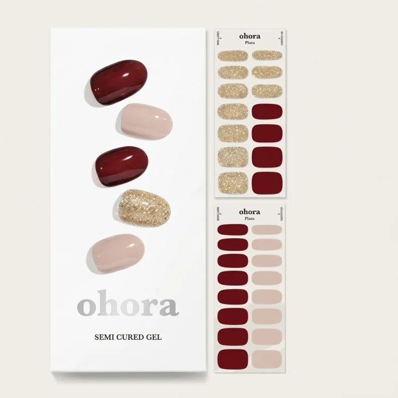 OHORA Semicured Gel Nail N Rosewood - Burgundy, Nude and Gold Glitter Manicure - Main Image