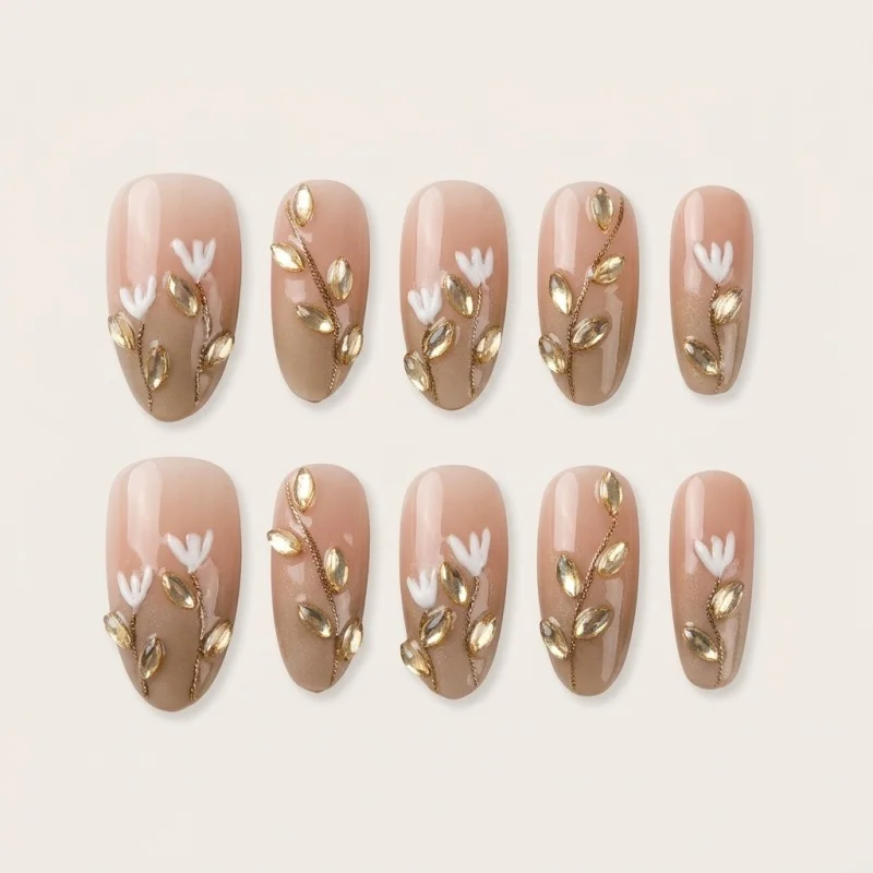 Premium Semicured Gel Nail Strips - Nude Ombre Floral with Gold Accents - Main Image