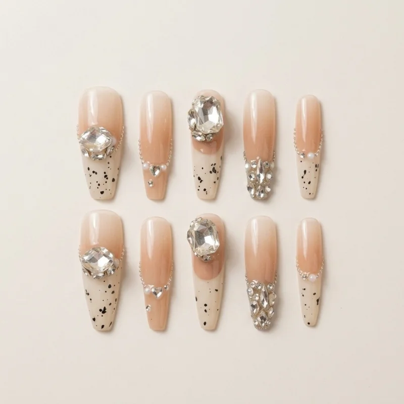 Premium 3D Rhinestone Semicured Gel Press-On Nails - Nude Gradient, Size M - Main Image