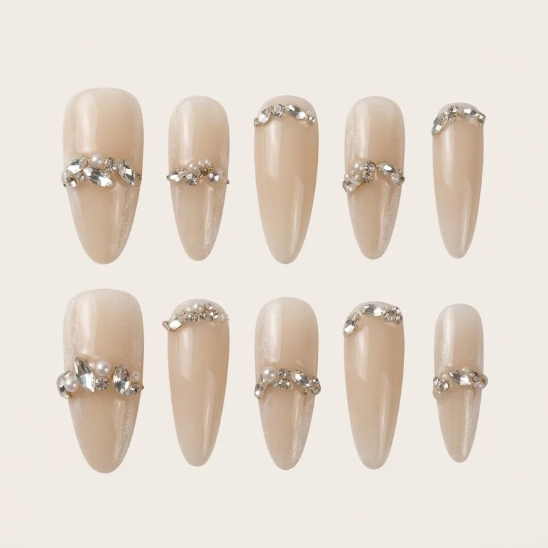 Elegant Almond Semicured Gel Press-On Nails with 3D Rhinestones - Size M - Main Image