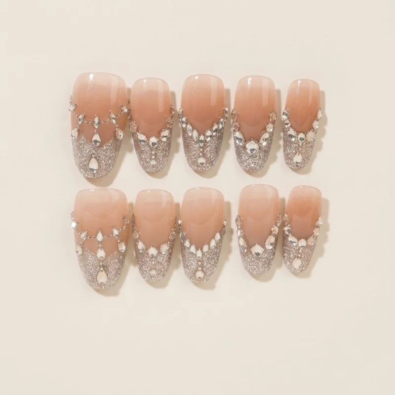 Premium Semicured Gel Nail Strips - Nude Ombre with 3D Rhinestone Art - Main Image